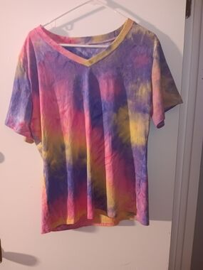 Tie-Dye V-Neck Women's Top in Pink, Purple & Yellow